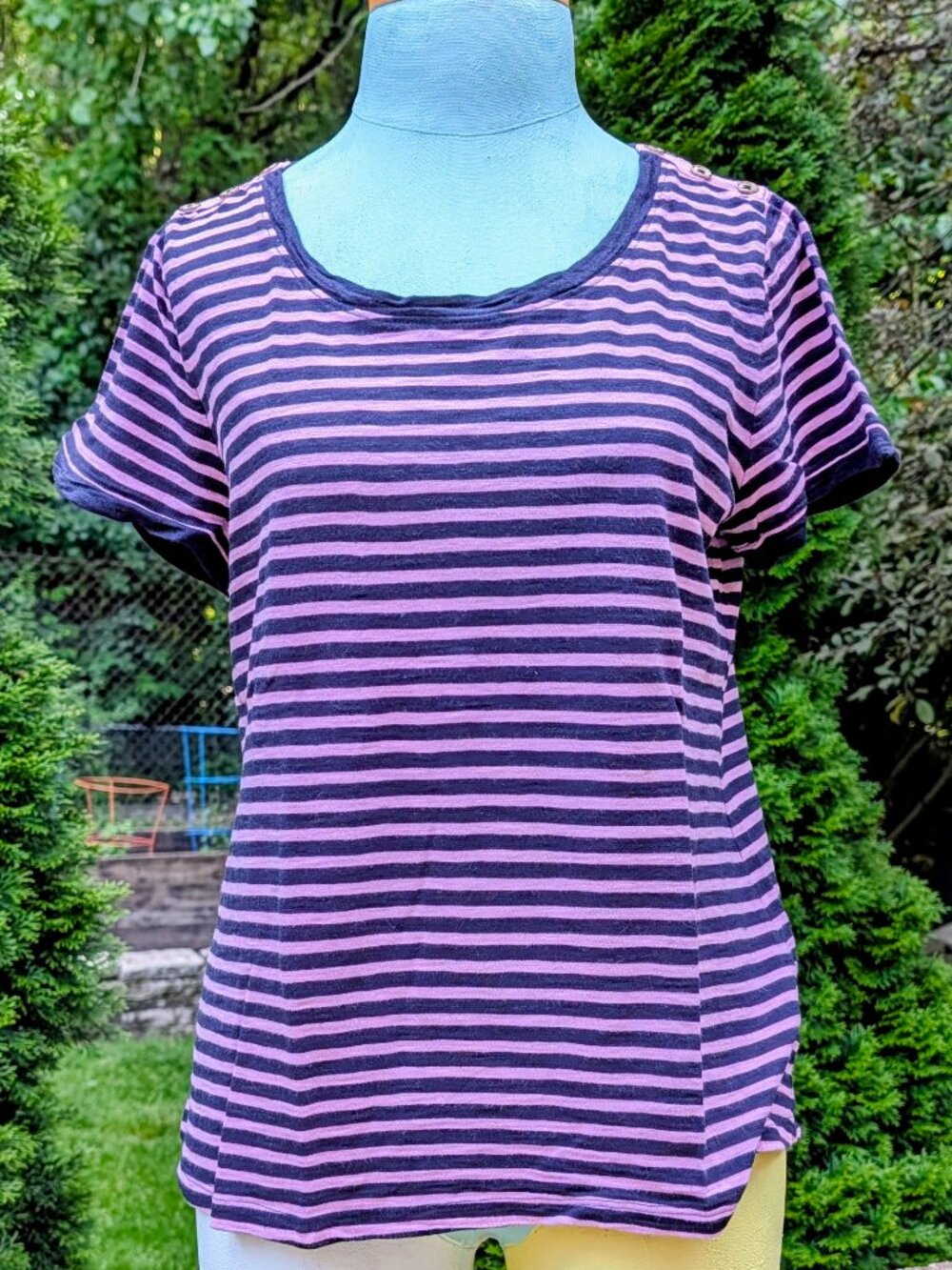 Talbots Grosgrain Trim Stripe Tee - Navy & Purple - Size M